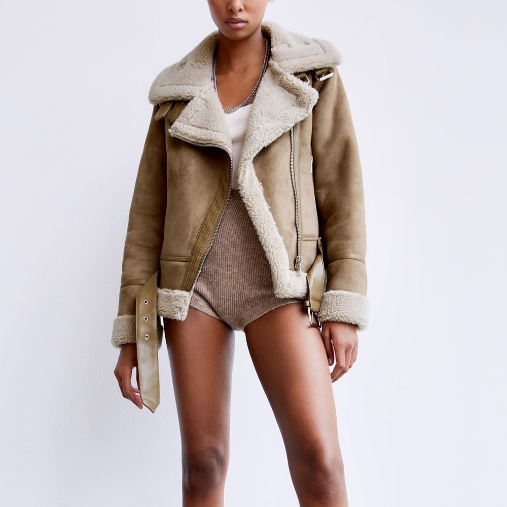 Zara Tan Teddy Jacket with Shearling Collar - Picture 11 of 12